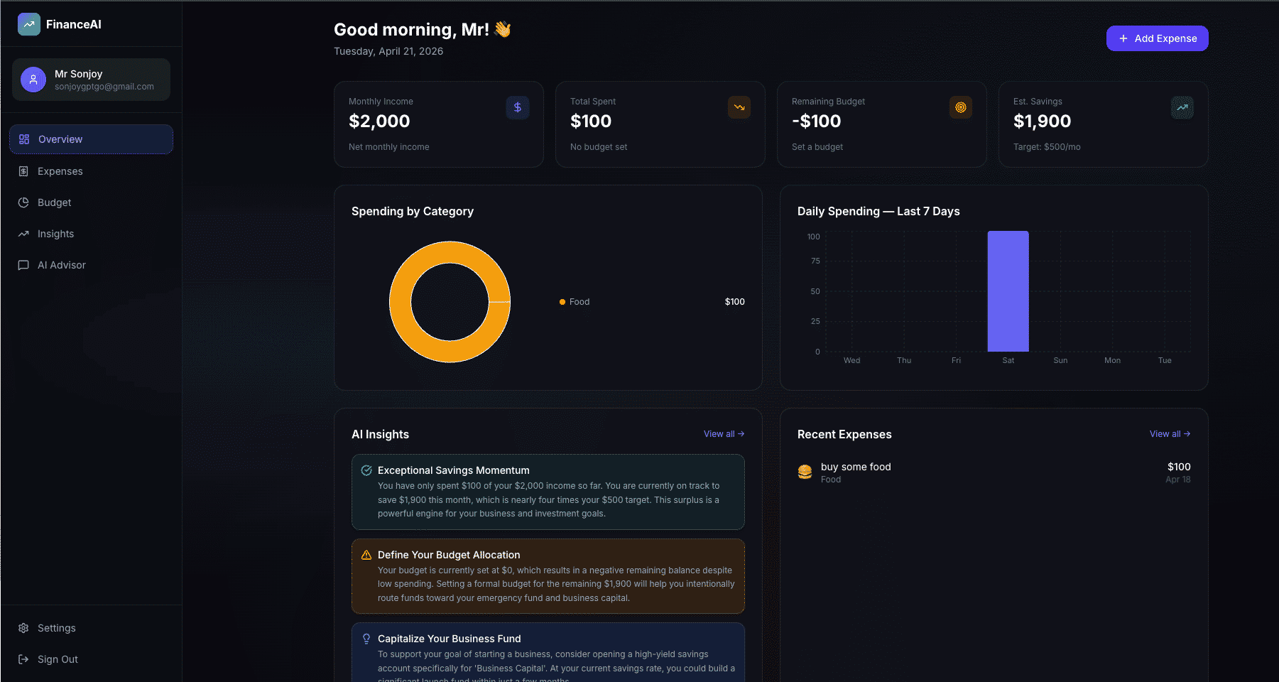 FinanceAI – Personal AI Financial Advisor & Expense Tracker